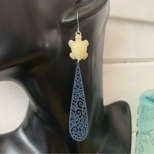 2/$29 Handmade Boho Statement Earrings 4” Turtle & Blue Mixed Metal Ocean Long